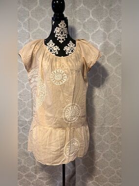 Nougat London Beige Embroidered Boho Tunic Blouse size 4( fits US 10/12)